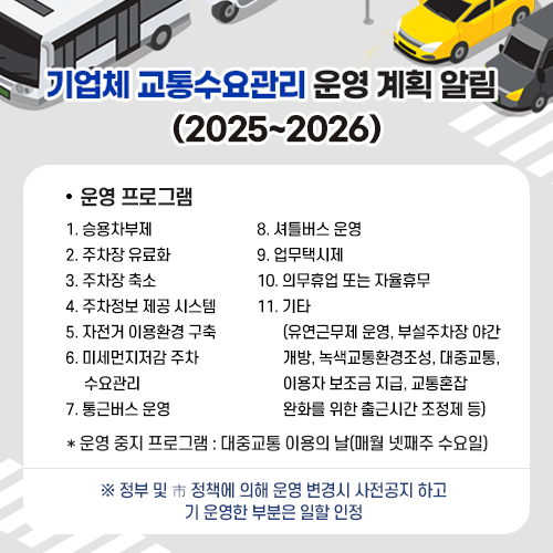 기업체 교통수요관리 운영 계획 알림 팝업입니다. 운영 프로그램은 총 10개입니다. 1번 승용차부제 2번 주차장 유료화 3번 주차장 축소 4번 주차정보 제공 시스템 5번 자전거 이용환경 구축 6번 미세먼지저감 주차수요관리 7번 통근버스 운영 8번 셔틀버스 운영 9번 업무택시제 10번 기타에는 유연근무제 운영, 부설주차장 야간개방, 녹색교통환경조성, 대중교통이용자 보조금 지급, 교통환장 완화를 위한 출근시간 조정제 등이 있습니다.